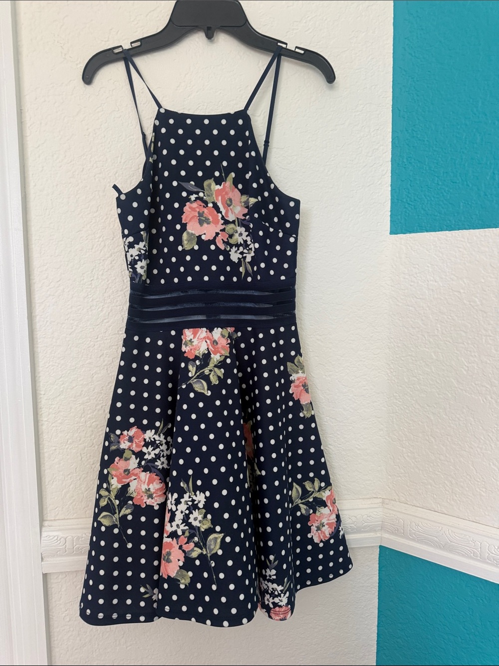 Macy's Navy Polka Dot Floral Midi Dress